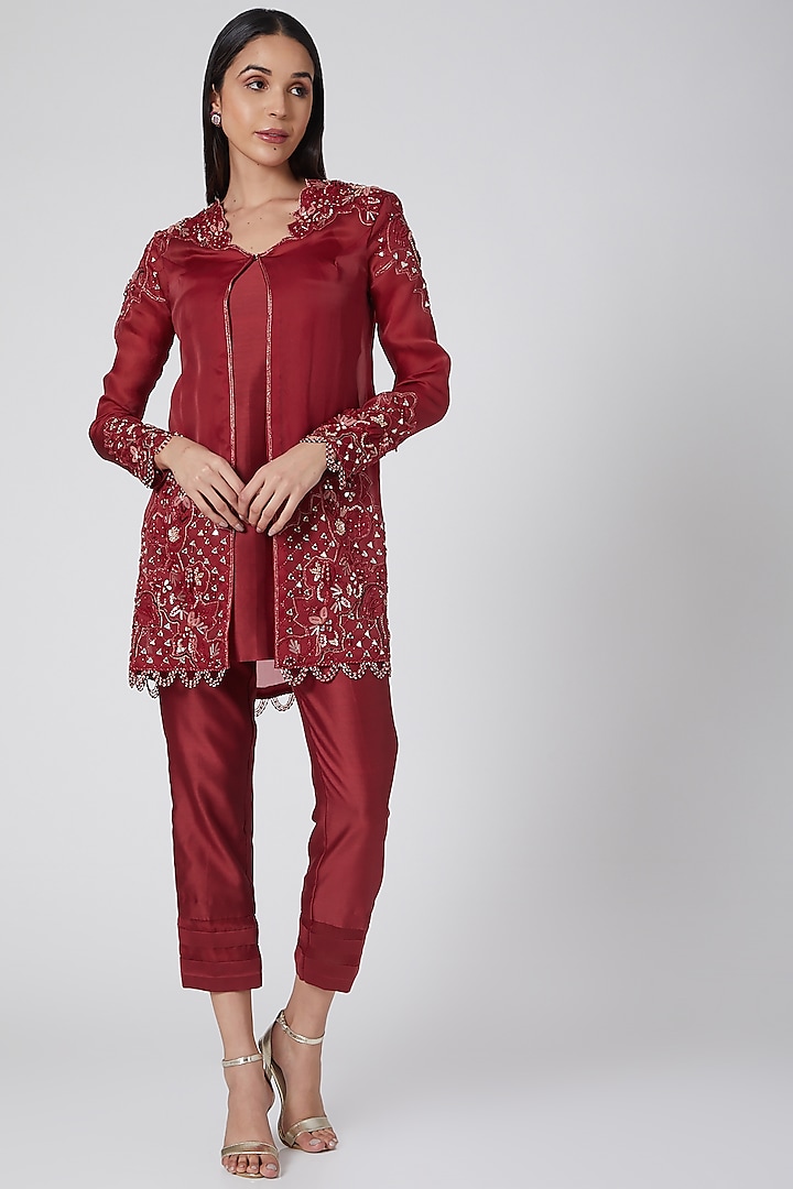 Red Embroidered Pants Set by Dheeru Taneja