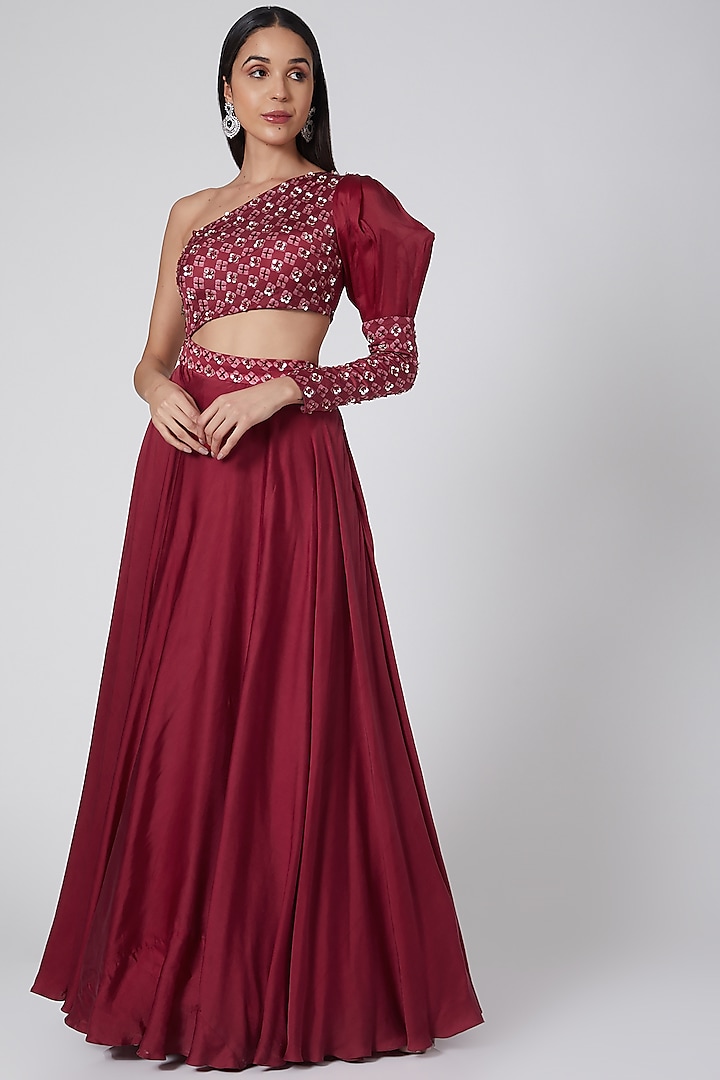 Red Embroidered & Printed Gown by Dheeru Taneja