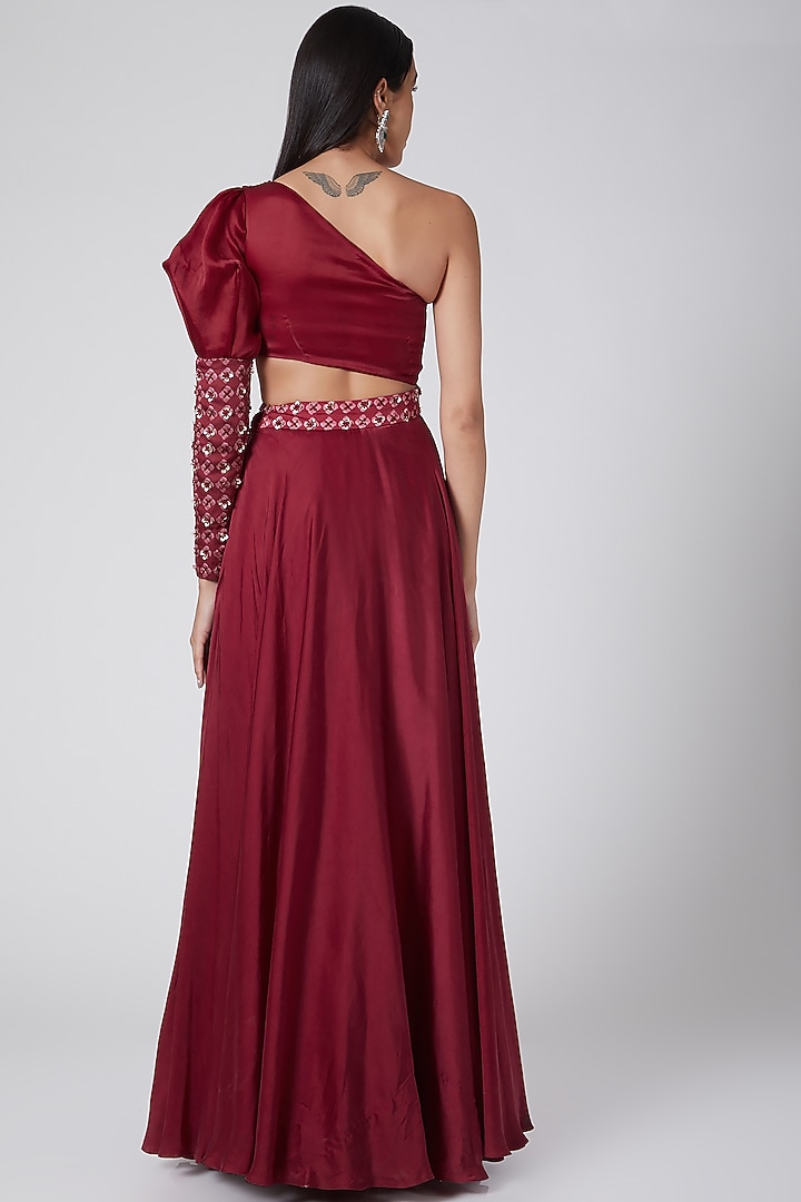 Red Embroidered & Printed Engagement Gown by Dheeru Taneja at Pernia's Pop Up Shop