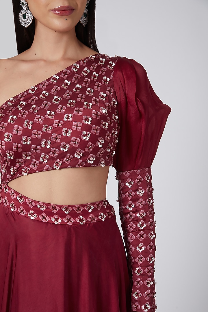 Red Embroidered & Printed Engagement Gown by Dheeru Taneja at Pernia's Pop Up Shop