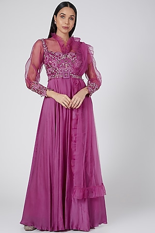 Purple Embroidered Anarkali Set by Dheeru Taneja