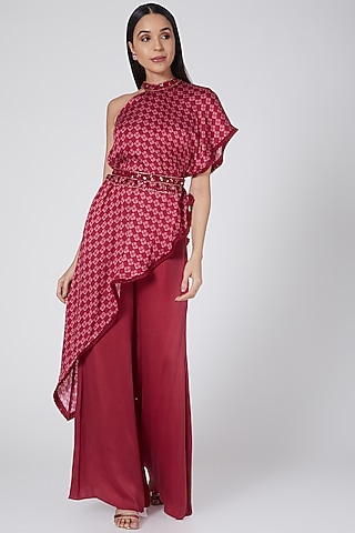Red Printed Pants Set by Dheeru Taneja