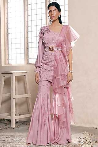 Blush Pink Embroidered Tunic Set by Dheeru Taneja