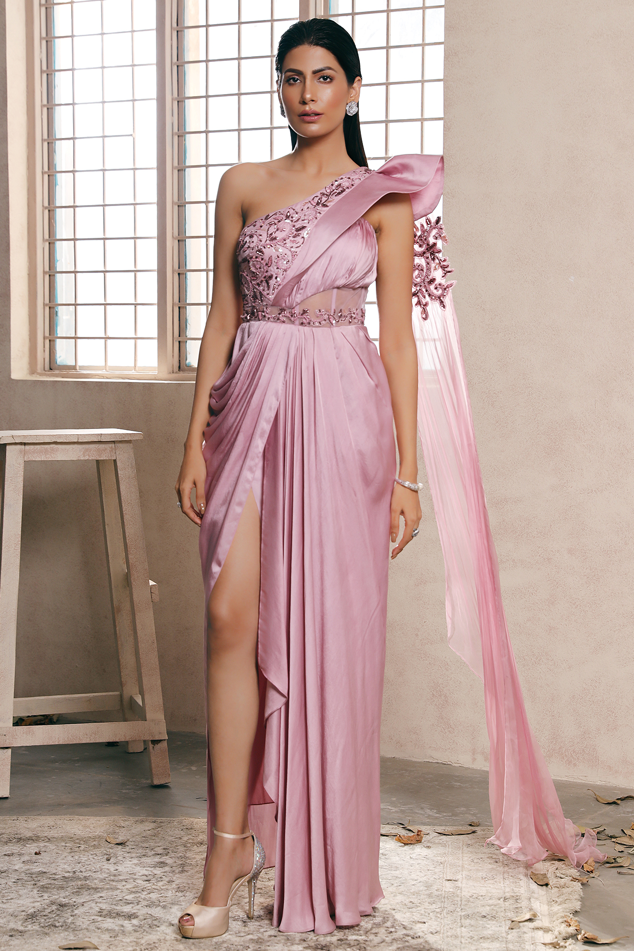 Blush Pink Pre-Stitched Wedding Gown Saree by Dheeru Taneja at Pernia's Pop Up Shop