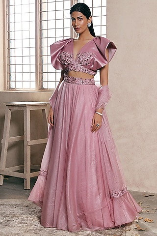 Blush Pink Tafetta Silk Lehenga Set by Dheeru Taneja