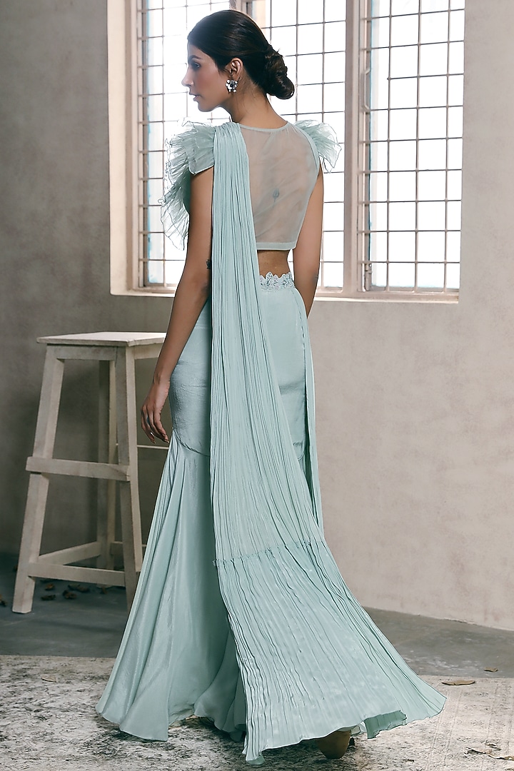 Pastel Mint Hand Embroidered Pant Party Wear Saree Set by Dheeru Taneja at Pernia's Pop Up Shop