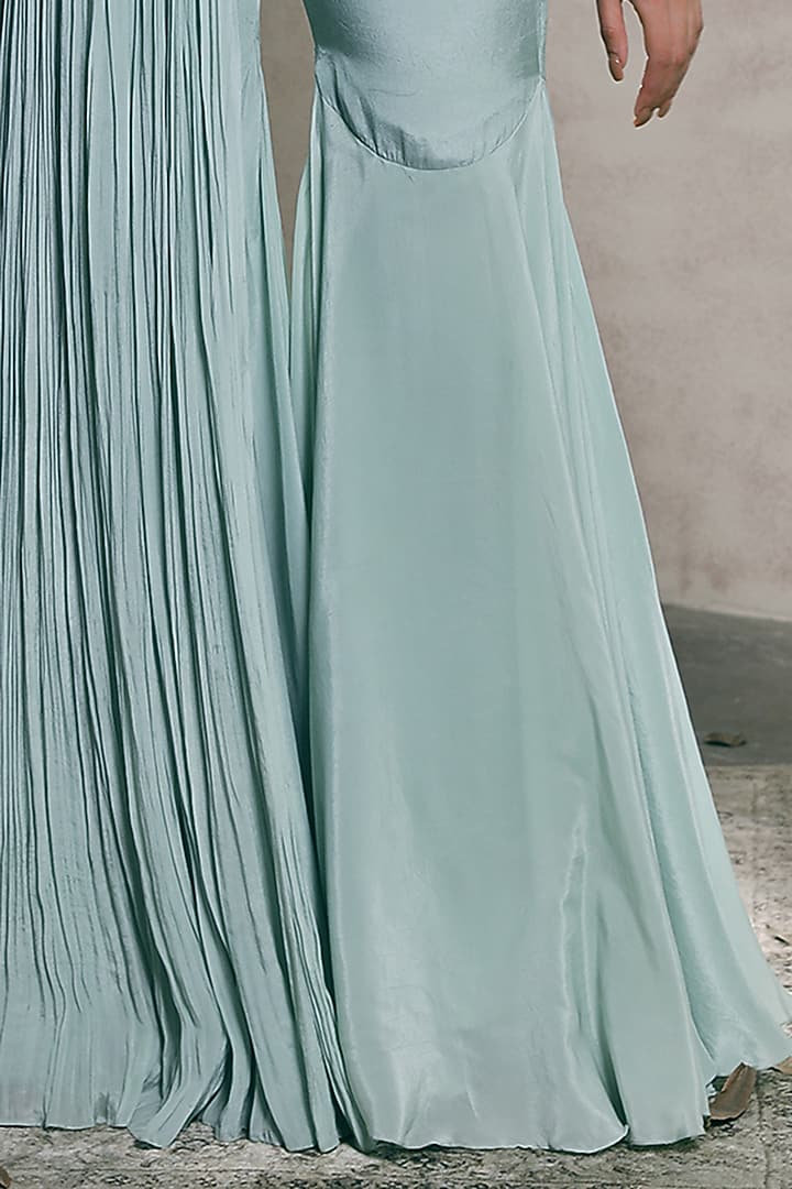 Pastel Mint Hand Embroidered Pant Party Wear Saree Set by Dheeru Taneja at Pernia's Pop Up Shop