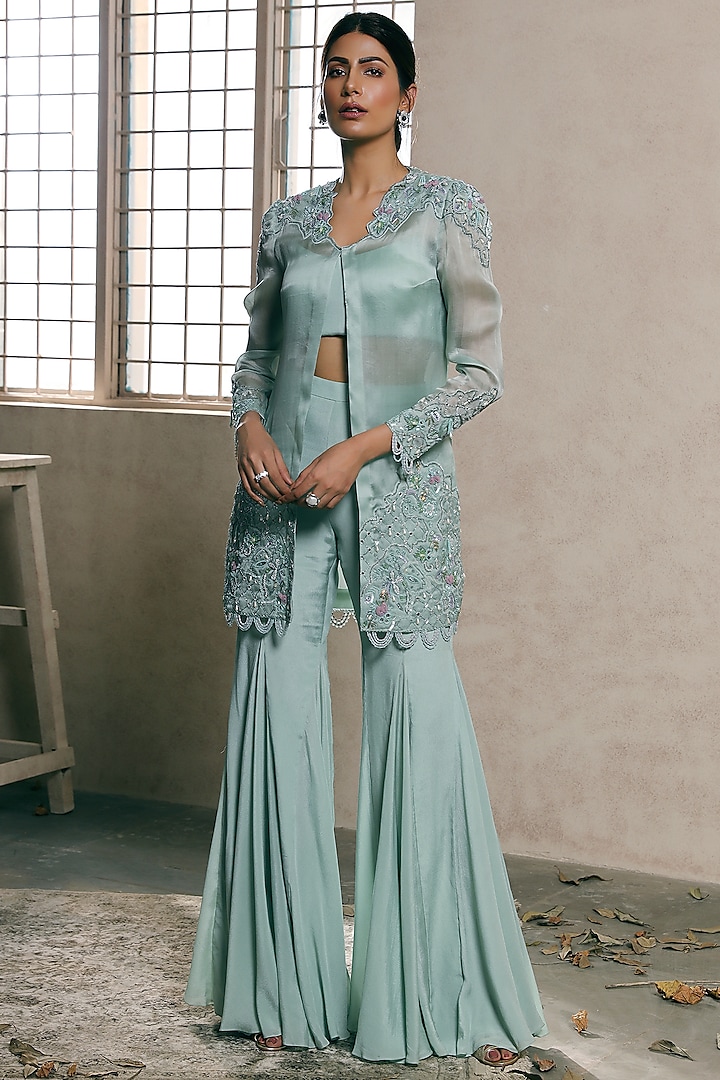 Pastel Mint Hand Embroidered Jacket Set by Dheeru Taneja