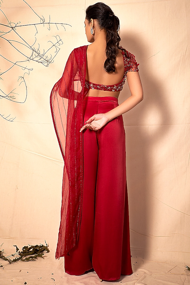 Cadmium Red Satin Pant Wedding Saree Set by Dheeru Taneja at Pernia's Pop Up Shop