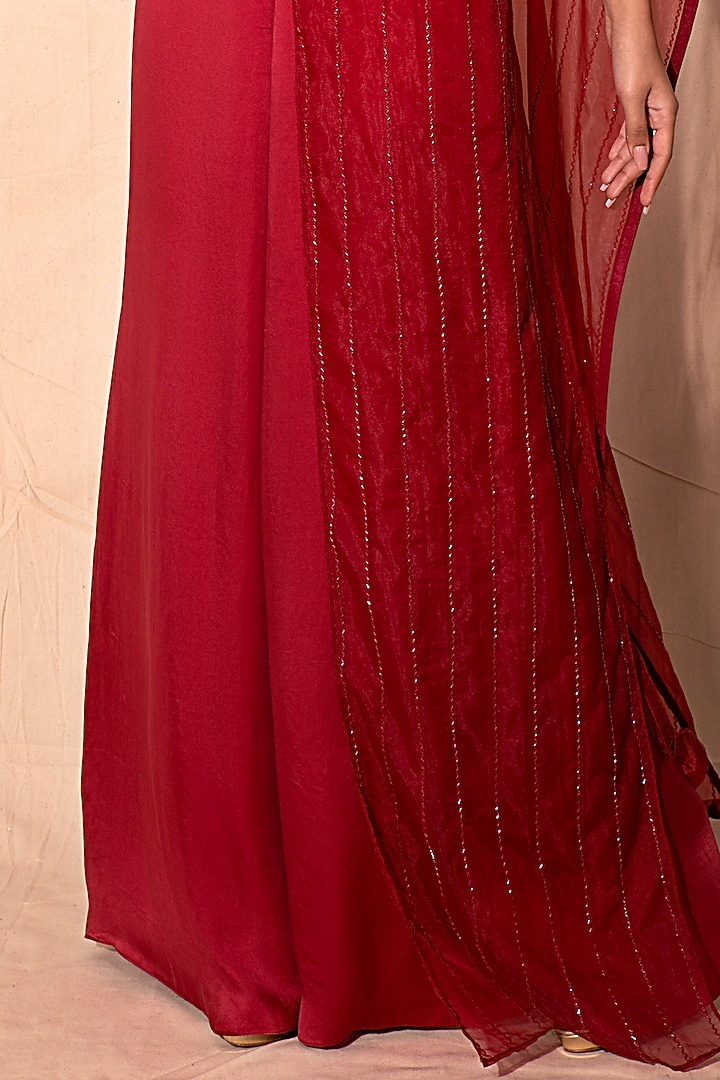 Cadmium Red Satin Pant Wedding Saree Set by Dheeru Taneja at Pernia's Pop Up Shop