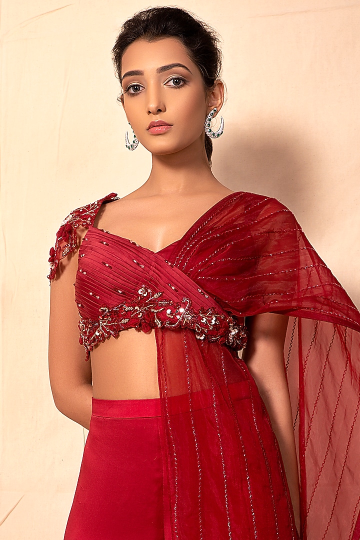Cadmium Red Satin Pant Wedding Saree Set by Dheeru Taneja at Pernia's Pop Up Shop