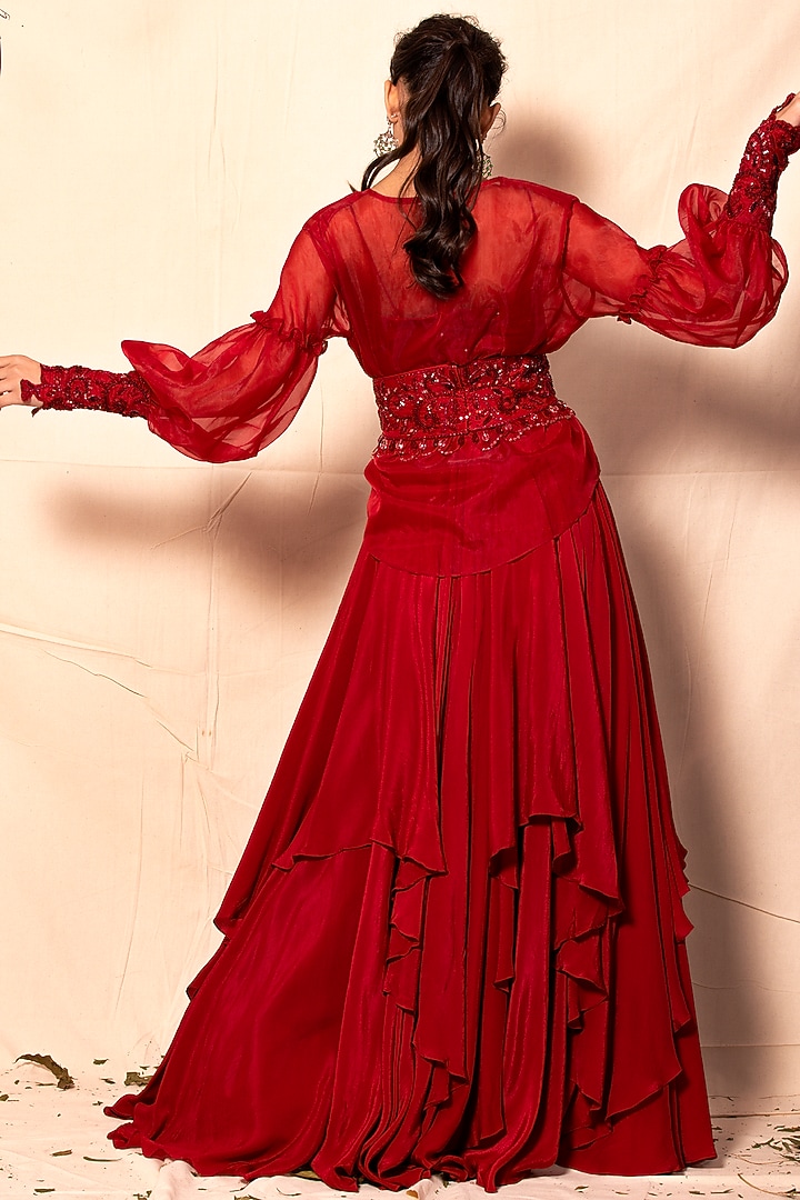 Cadmium Red Embroidered Jacket Wedding Lehenga Set by Dheeru Taneja at Pernia's Pop Up Shop