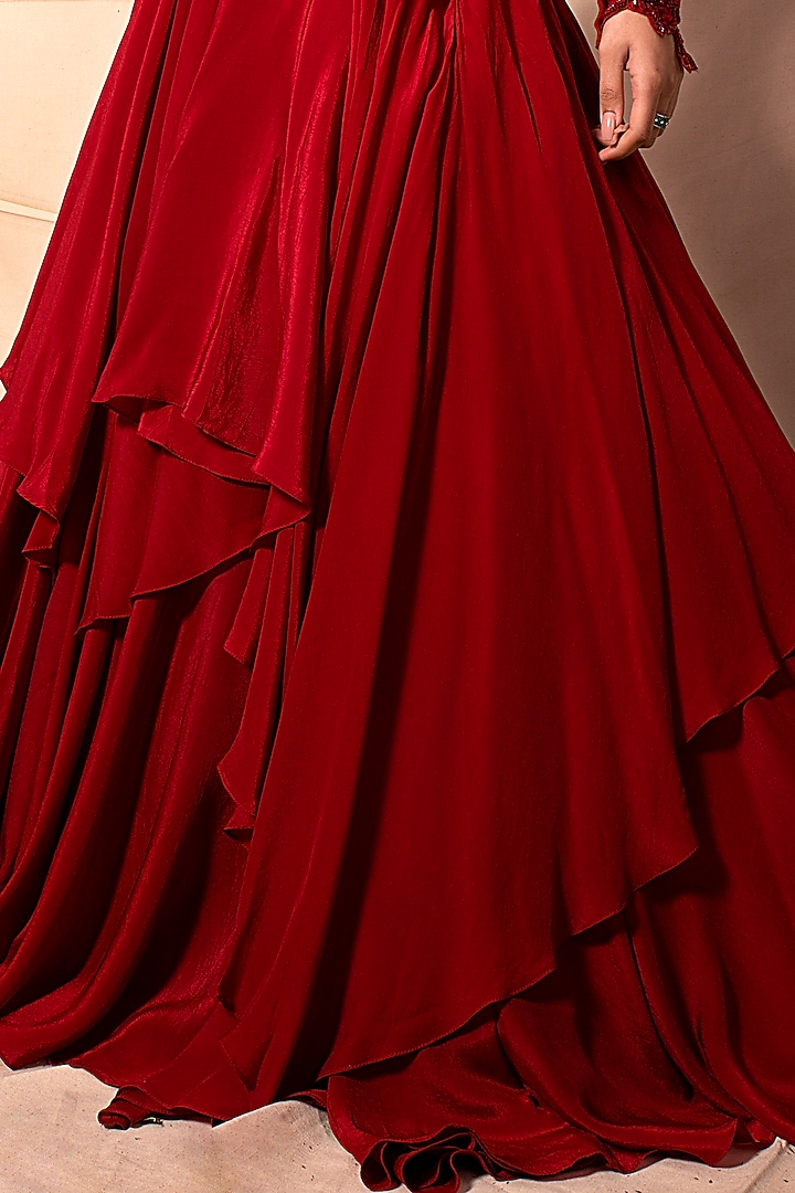 Cadmium Red Embroidered Jacket Wedding Lehenga Set by Dheeru Taneja at Pernia's Pop Up Shop