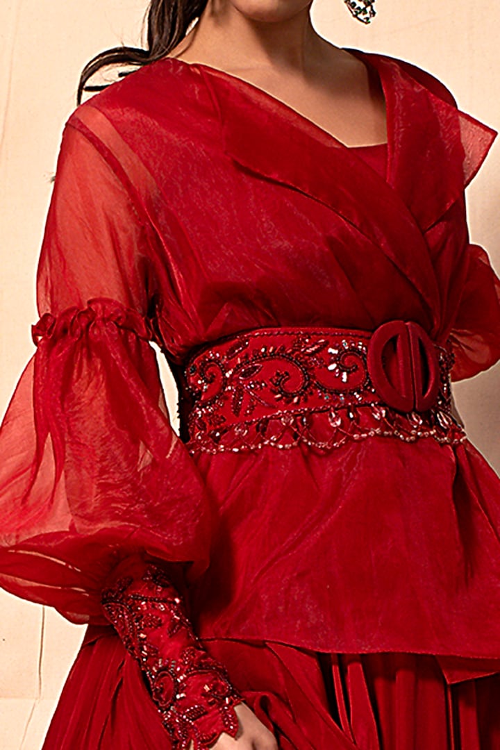 Cadmium Red Embroidered Jacket Wedding Lehenga Set by Dheeru Taneja at Pernia's Pop Up Shop