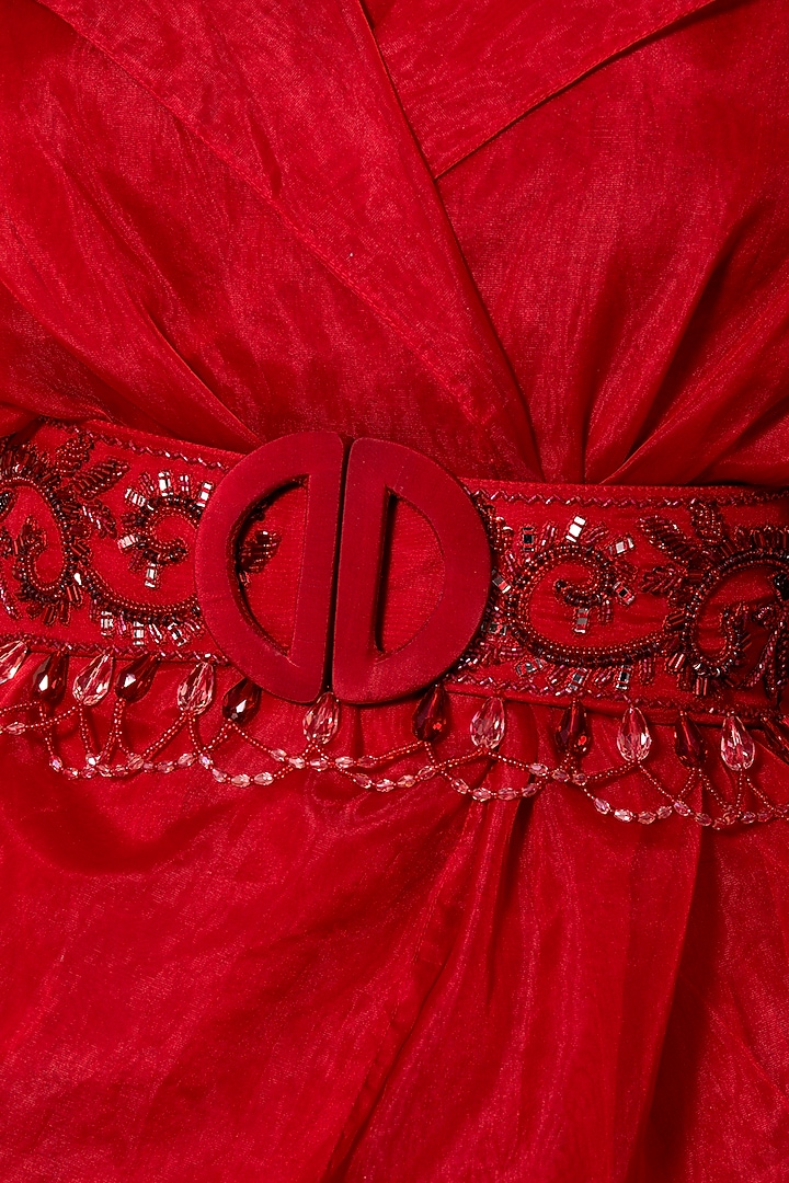 Cadmium Red Embroidered Jacket Wedding Lehenga Set by Dheeru Taneja at Pernia's Pop Up Shop