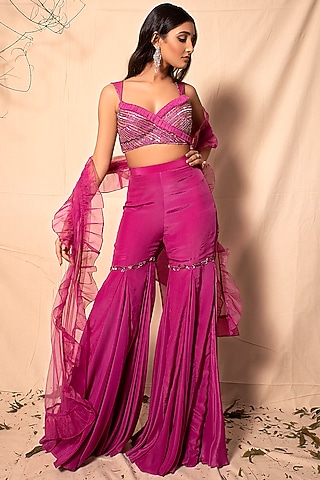 Mulberry Pink Hand Embroidered Sharara Set by Dheeru Taneja