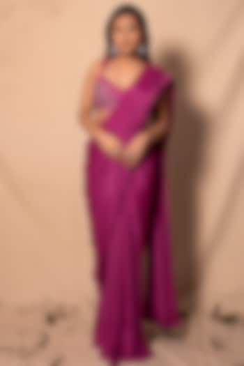 Mulberry Pink Hand Embroidered Pre-Stitched Saree Set by Dheeru Taneja