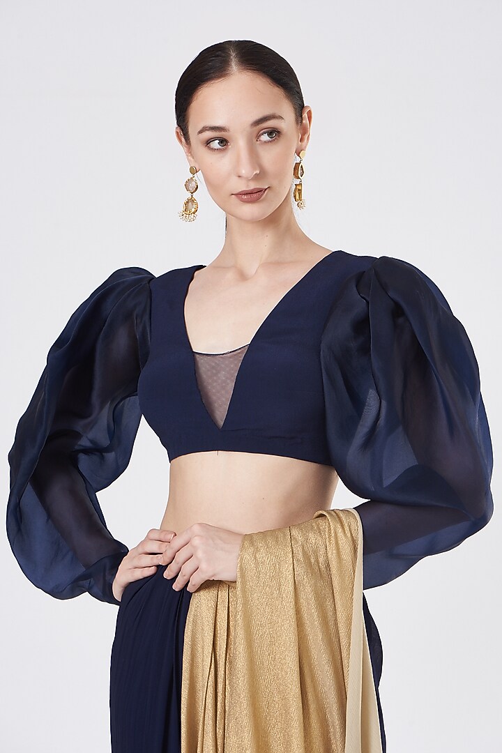 Midnight Blue Hand Embroidered Party Wear Saree Set by Dheeru Taneja at Pernia's Pop Up Shop