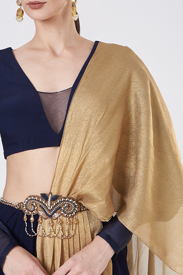 Midnight Blue Hand Embroidered Party Wear Saree Set by Dheeru Taneja at Pernia's Pop Up Shop