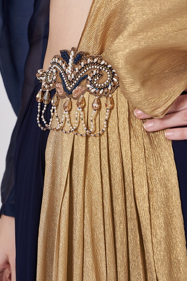 Midnight Blue Hand Embroidered Party Wear Saree Set by Dheeru Taneja at Pernia's Pop Up Shop