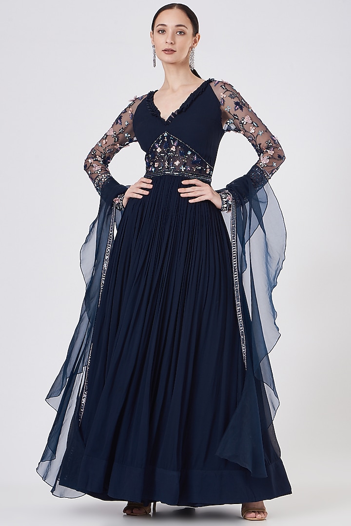 Midnight Blue Embroidered Gown With Dupatta by Dheeru Taneja at Pernia's Pop Up Shop