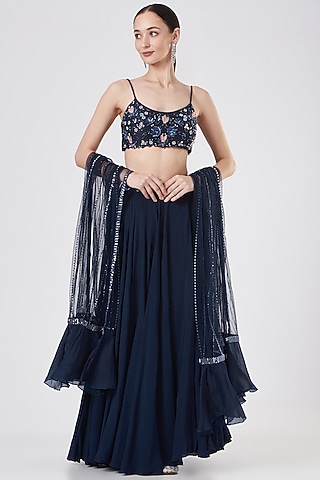 Midnight Blue Hand Embroidered Lehenga Set by Dheeru Taneja