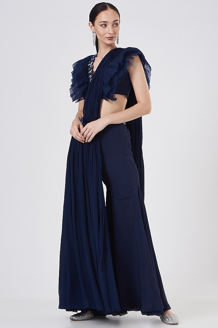 Midnight Blue Hand Embroidered Pant Saree Set by Dheeru Taneja at Pernia's Pop Up Shop