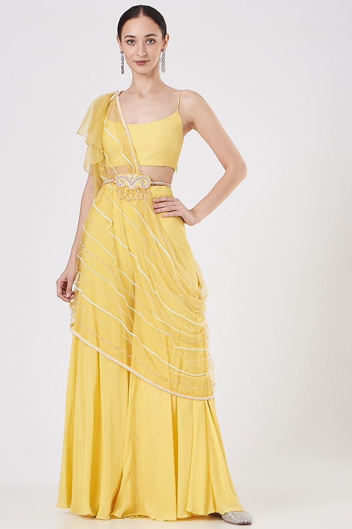 Yellow Crepe & Organza Sharara Set by Dheeru Taneja