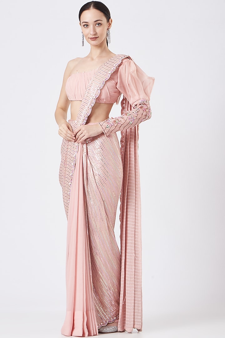 Blush Pink Georgette Pre-Stitched Saree Set by Dheeru Taneja