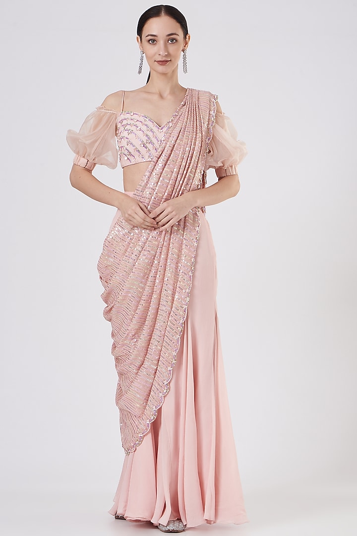 Blush Pink Pre-Stitched Embroidered Saree Set by Dheeru Taneja at Pernia's Pop Up Shop