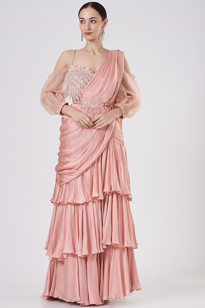 Blush Pink Satin Layered Wedding Lehenga Set by Dheeru Taneja at Pernia's Pop Up Shop