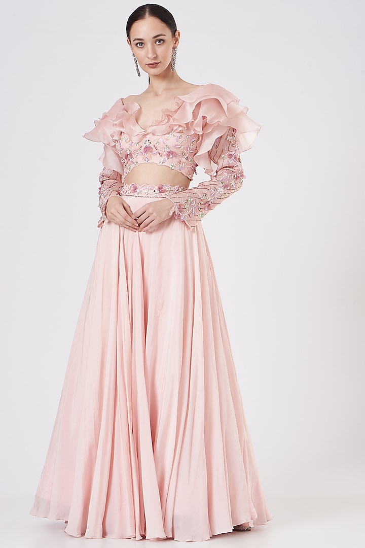 Blush Pink Crepe & Organza Wedding Lehenga Set by Dheeru Taneja at Pernia's Pop Up Shop