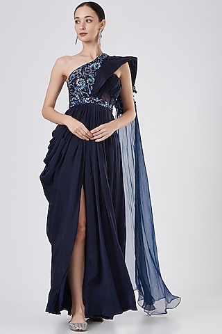 Midnight Blue Hand Embroidered Gown Saree by Dheeru Taneja
