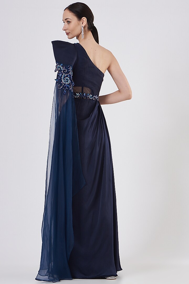 Midnight Blue Hand Embroidered Wedding Gown Saree by Dheeru Taneja at Pernia's Pop Up Shop