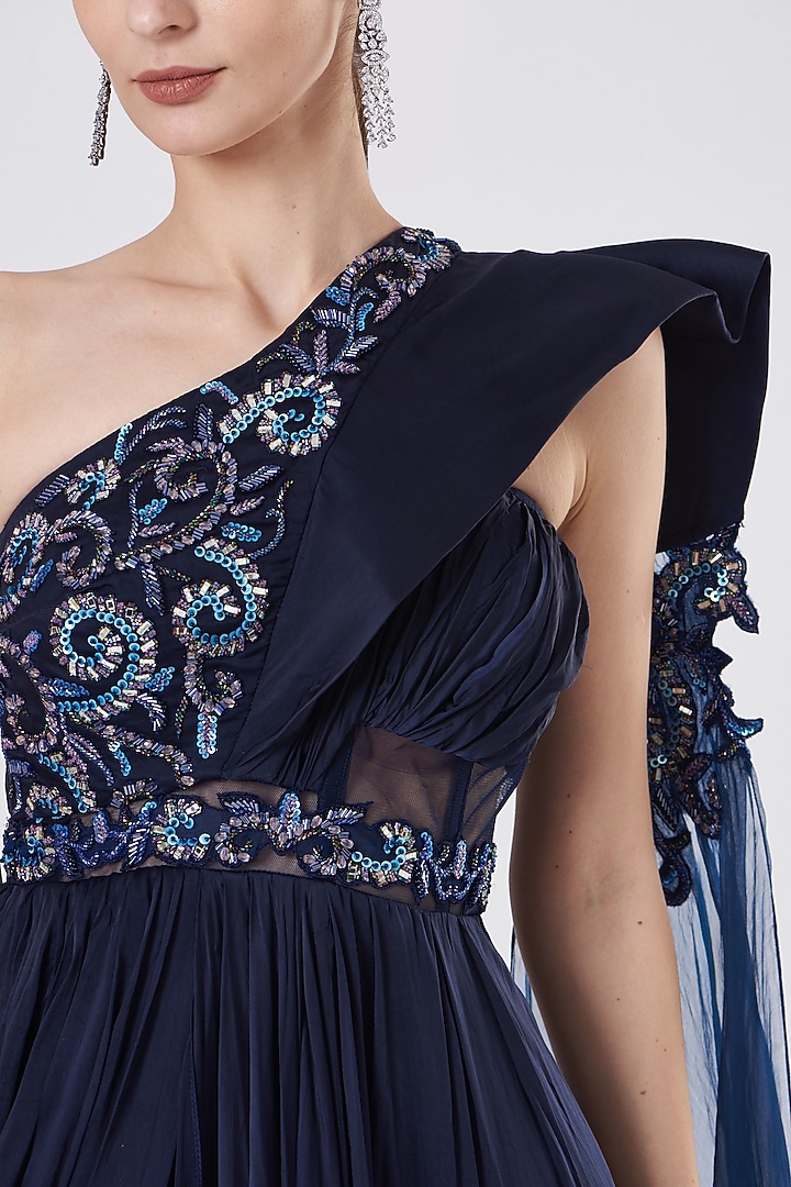 Midnight Blue Hand Embroidered Wedding Gown Saree by Dheeru Taneja at Pernia's Pop Up Shop