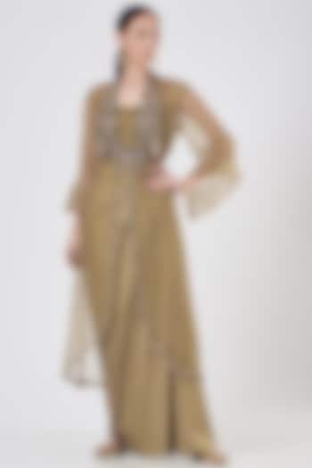 Gold Draped Foil Lycra Skirt Set by Dheeru Taneja