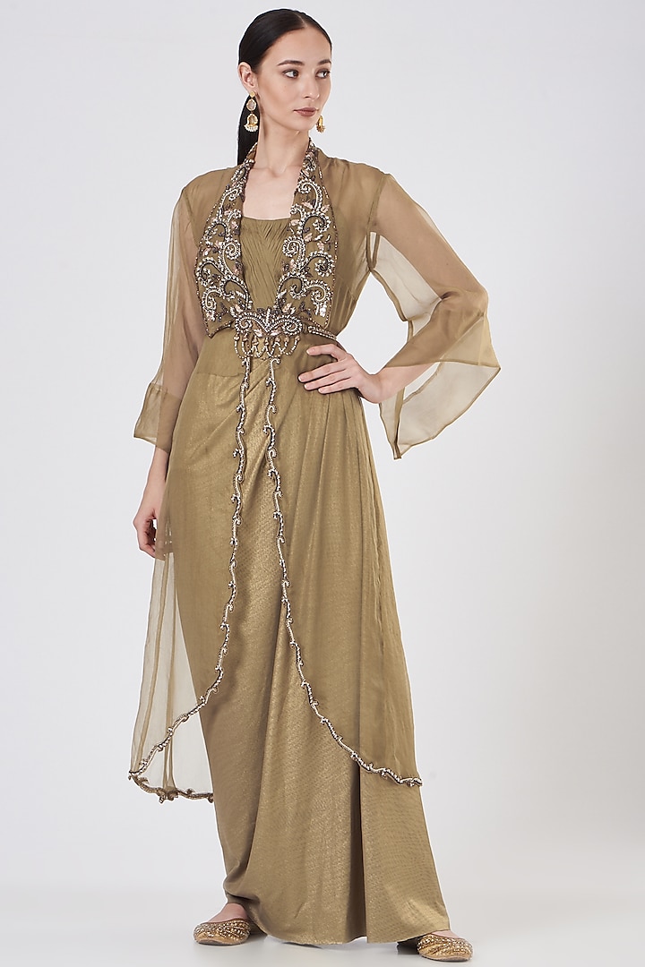 Gold Draped Foil Lycra Skirt Set by Dheeru Taneja