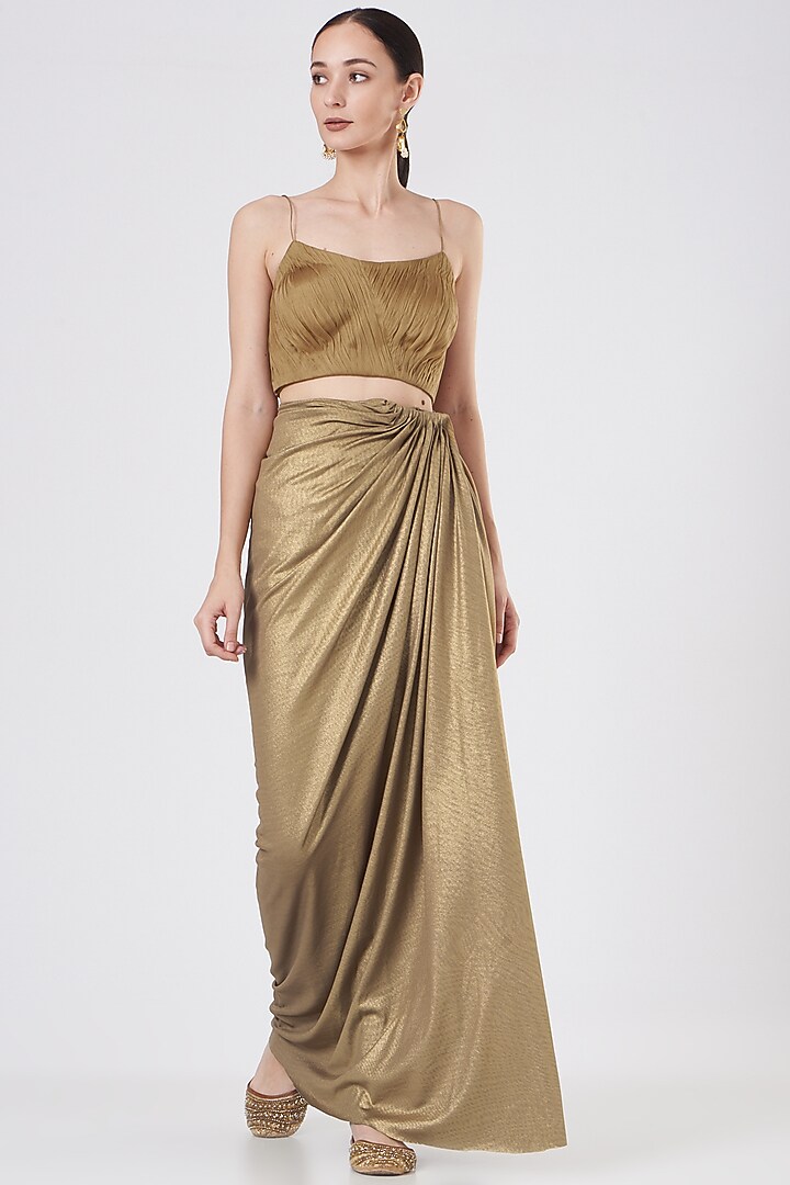 Gold Draped Foil Lycra Skirt Set by Dheeru Taneja at Pernia's Pop Up Shop