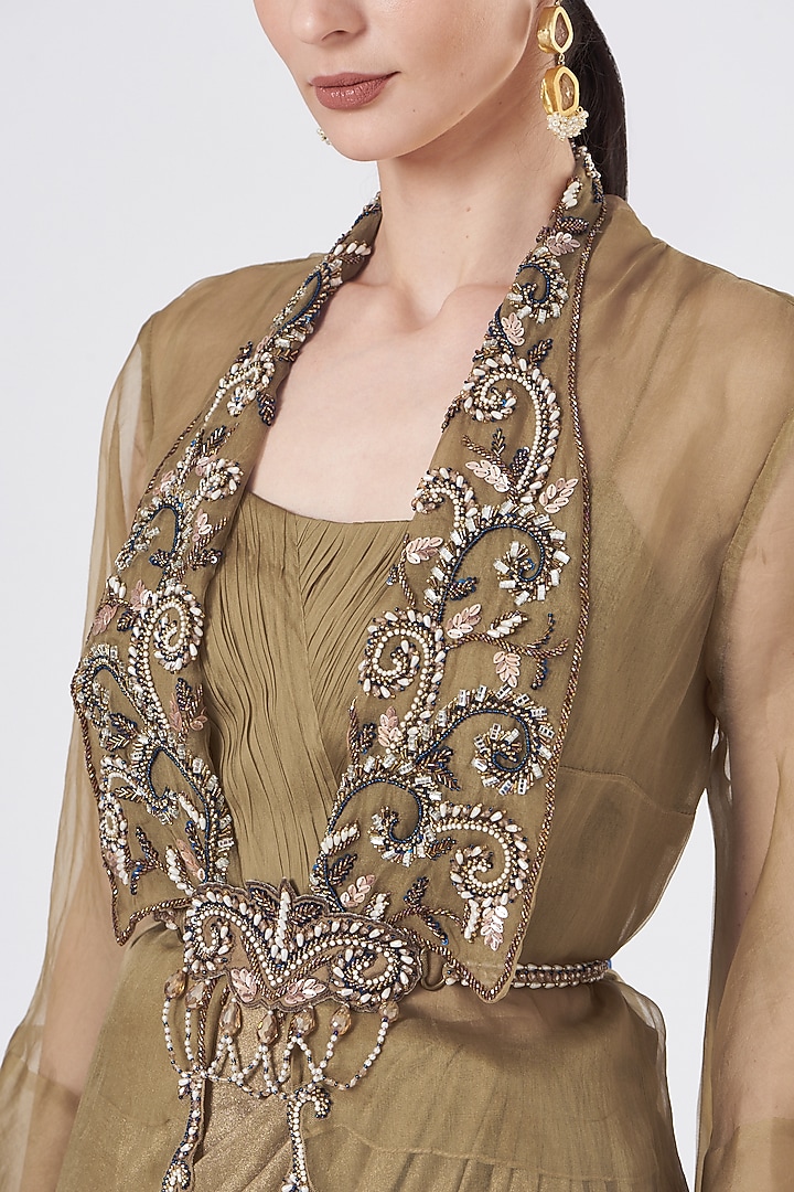 Gold Draped Foil Lycra Skirt Set by Dheeru Taneja at Pernia's Pop Up Shop