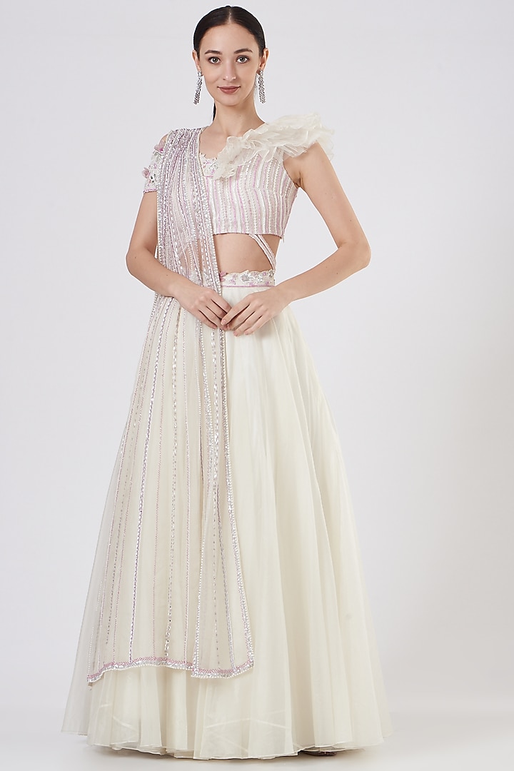 Ivory Satin & Net Lehenga Set by Dheeru Taneja