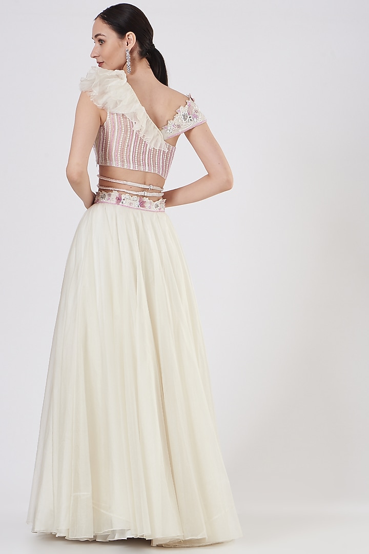 Ivory Satin & Net Wedding Lehenga Set by Dheeru Taneja at Pernia's Pop Up Shop