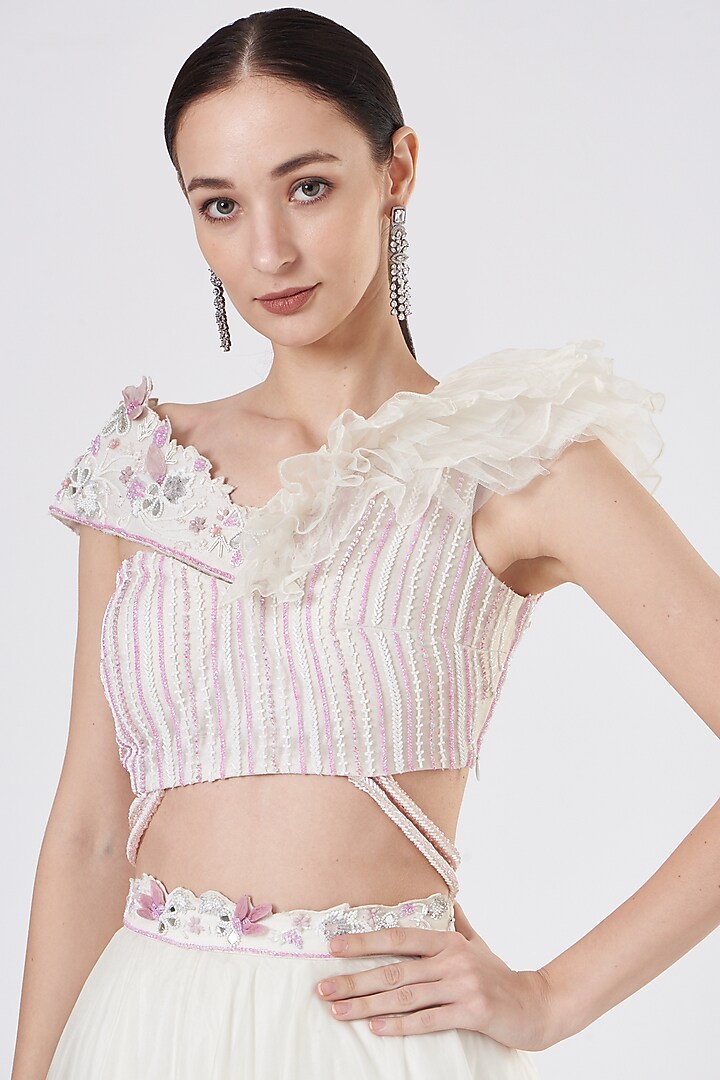 Ivory Satin & Net Wedding Lehenga Set by Dheeru Taneja at Pernia's Pop Up Shop