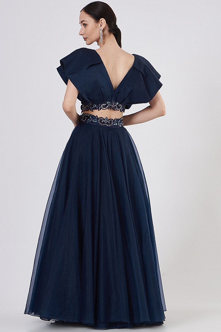 Midnight Blue Net & Organza Wedding Lehenga Set by Dheeru Taneja at Pernia's Pop Up Shop