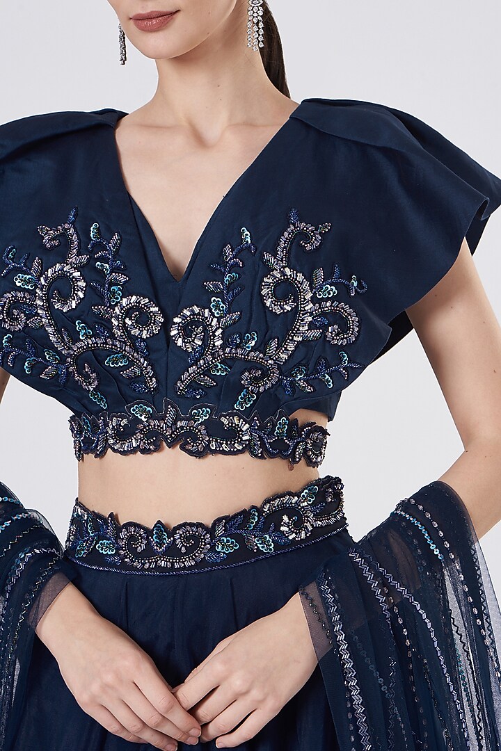Midnight Blue Net & Organza Wedding Lehenga Set by Dheeru Taneja at Pernia's Pop Up Shop