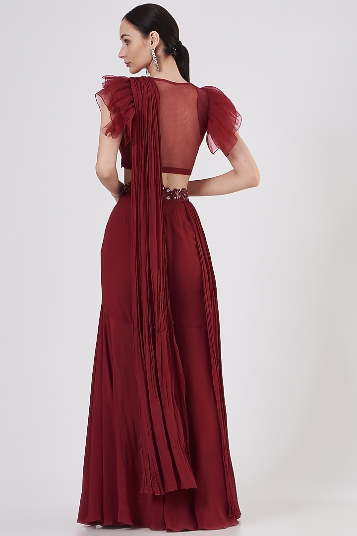 Red Hand Embroidered Pant Party Wear Saree Set by Dheeru Taneja at Pernia's Pop Up Shop