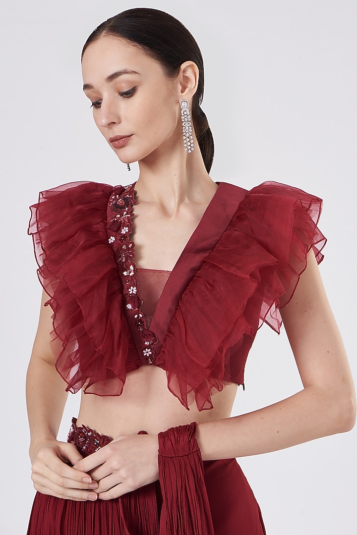 Red Hand Embroidered Pant Party Wear Saree Set by Dheeru Taneja at Pernia's Pop Up Shop