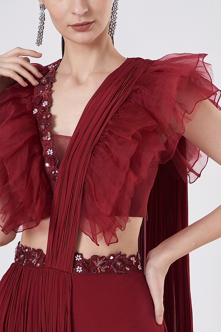 Red Hand Embroidered Pant Party Wear Saree Set by Dheeru Taneja at Pernia's Pop Up Shop