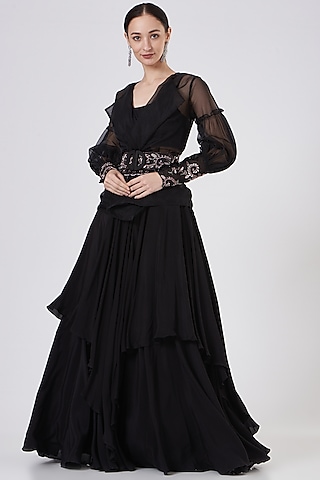 Black Crepe Layered Lehenga Set by Dheeru Taneja