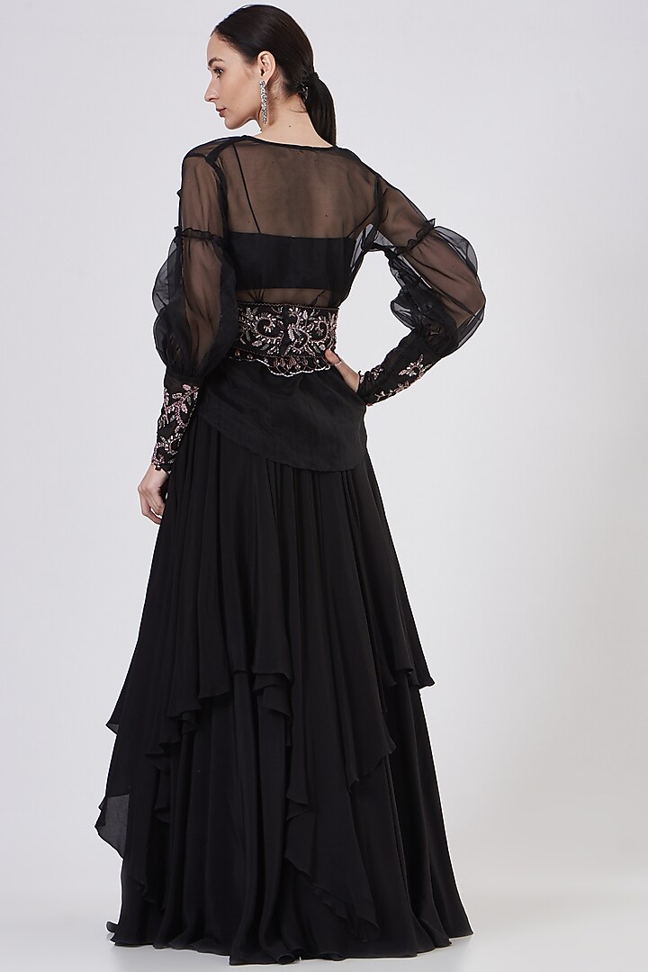 Black Crepe Layered Wedding Lehenga Set by Dheeru Taneja at Pernia's Pop Up Shop