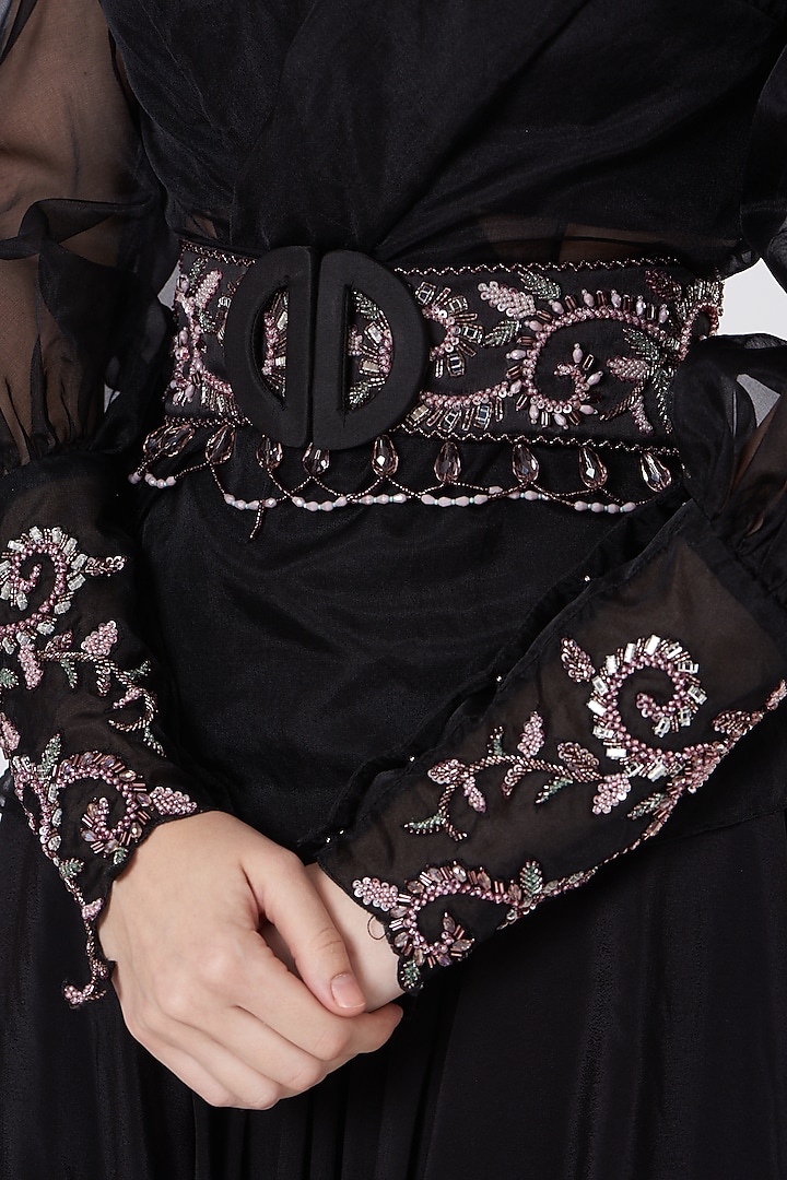 Black Crepe Layered Wedding Lehenga Set by Dheeru Taneja at Pernia's Pop Up Shop